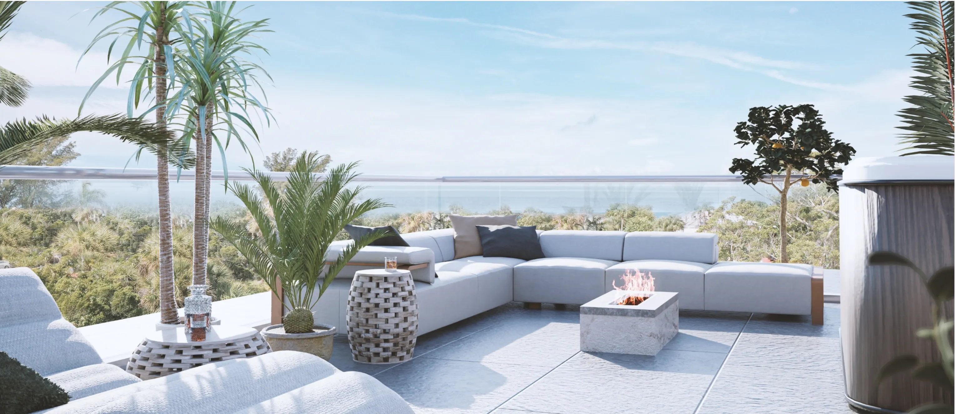 A 3D rendering of a rooftop terrace with a fire pit and a view of the ocean. The terrace is furnished with a comfortable seating area, a dining table, and several potted plants.