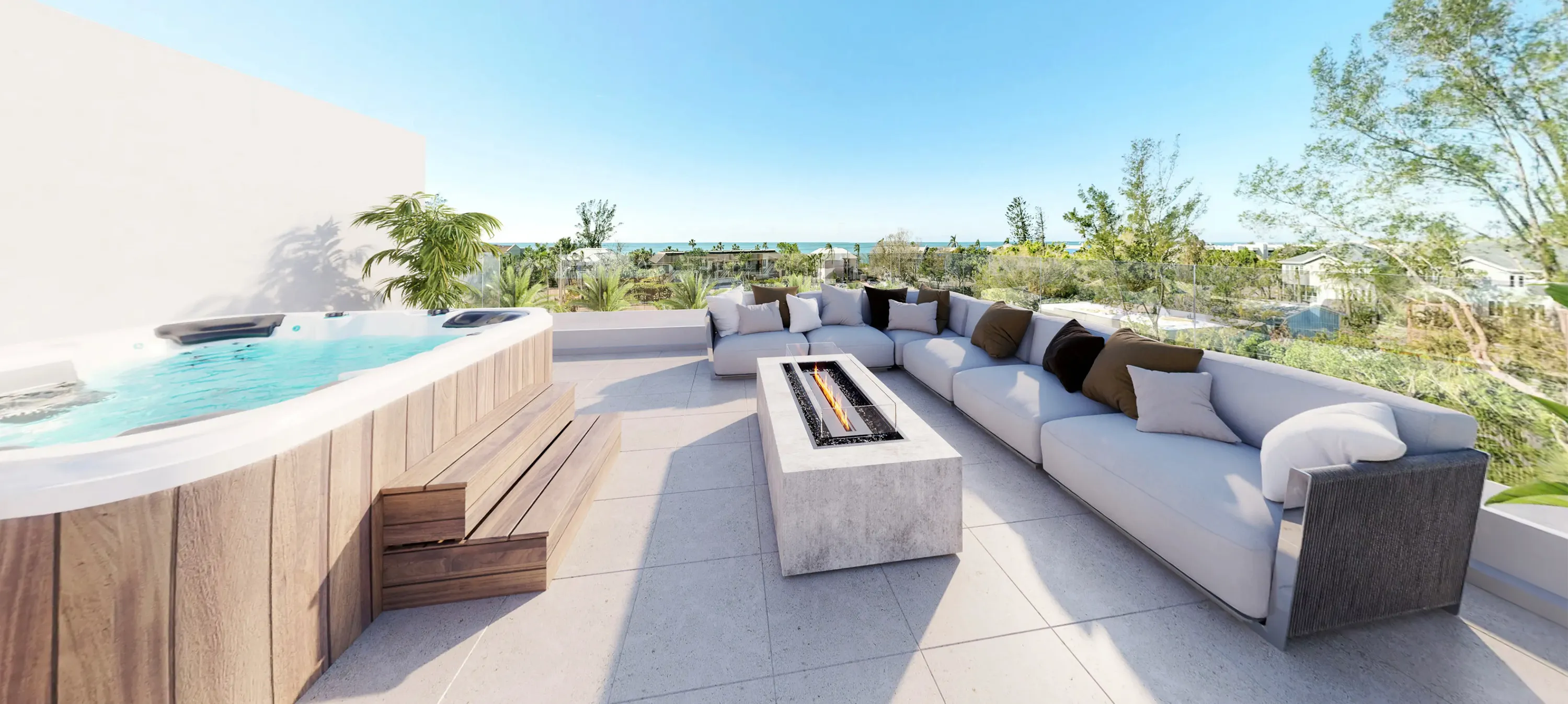 A 3D rendering of a rooftop terrace with a fire pit and a view of the ocean. The terrace is furnished with a comfortable seating area, a dining table, and several potted plants.
